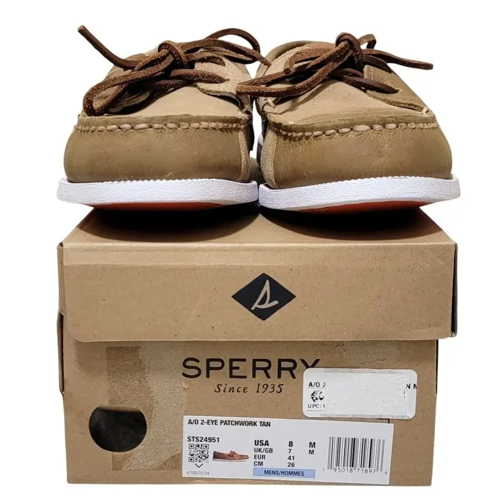 Sperry Top-Sider Men A/O 2-Eye Patchwork Boat Shoes Size US 8M Tan Leather